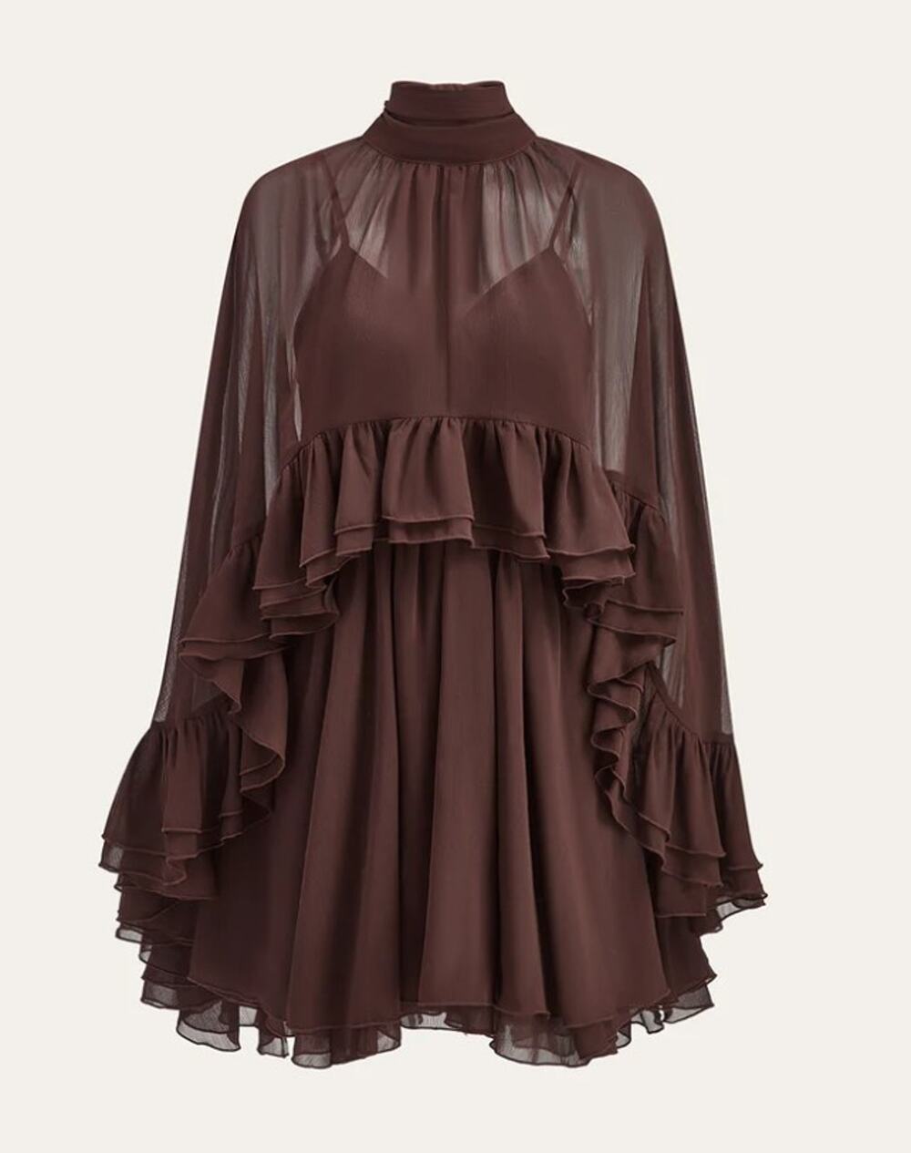 Commense Brown Semi-Sheer Chiffon Ruffle Mini Dress with Cape Overlay – Size XL